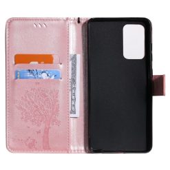Peněženkové pouzdro Embossing Pattern Strom a kočka světle růžové – Samsung Galaxy A52 / A52 5G / A52s 5G | Levné Kryty | Levné Kryty | Levné Kryty