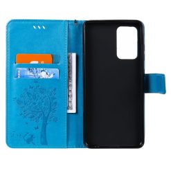 Peněženkové pouzdro Embossing Pattern Strom a kočka modré – Samsung Galaxy A52 / A52 5G / A52s 5G | Levné Kryty | Levné Kryty | Levné Kryty