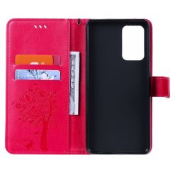 Peněženkové pouzdro Embossing Pattern Strom a kočka tmavě růžové – Samsung Galaxy A52 / A52 5G / A52s 5G | Levné Kryty | Levné Kryty | Levné Kryty