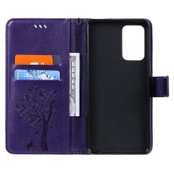 Peněženkové pouzdro Embossing Pattern Strom a kočka fialové – Samsung Galaxy A52 / A52 5G / A52s 5G | Levné Kryty | Levné Kryty | Levné Kryty