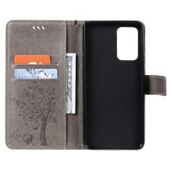 Peněženkové pouzdro Embossing Pattern Strom a kočka šedé – Samsung Galaxy A52 / A52 5G / A52s 5G | Levné Kryty | Levné Kryty | Levné Kryty