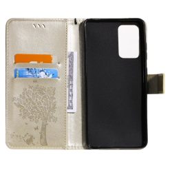 Peněženkové pouzdro Embossing Pattern Strom a kočka zlaté – Samsung Galaxy A52 / A52 5G / A52s 5G | Levné Kryty | Levné Kryty | Levné Kryty