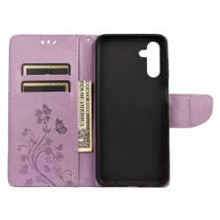 Peněženkové pouzdro Embossing Pattern Motýl a květ fialové – Samsung Galaxy A13 5G | Levné Kryty | Levné Kryty | Levné Kryty