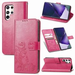 Peněženkové pouzdro Embossing Pattern Čtyřlístek růžové – Samsung Galaxy S22 Ultra | Levné Kryty | Levné Kryty | Levné Kryty