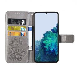 Peněženkové pouzdro Embossing Pattern Čtyřlístek šedé – Samsung Galaxy S22+ (S22 Plus) | Levné Kryty | Levné Kryty | Levné Kryty