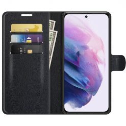 Peněženkové pouzdro Litchi černé – Samsung Galaxy S22+ (S22 Plus) | Levné Kryty | Levné Kryty | Levné Kryty