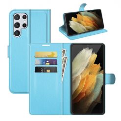 Peněženkové pouzdro Litchi modré – Samsung Galaxy S22 Ultra | Levné Kryty | Levné Kryty | Levné Kryty