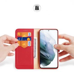 Kožené peněženkové pouzdro Dux Ducis Hivo červené – Samsung Galaxy S21 FE | Levné Kryty | Levné Kryty | Levné Kryty