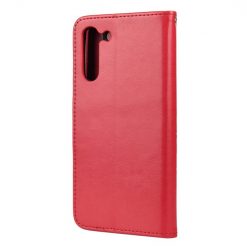 Peněženkové pouzdro Embossing Pattern Motýl a květ červené – Samsung Galaxy S21 FE | Levné Kryty | Levné Kryty | Levné Kryty