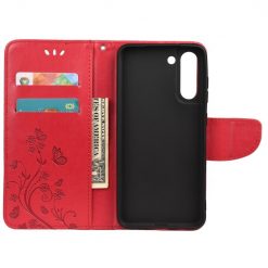 Peněženkové pouzdro Embossing Pattern Motýl a květ červené – Samsung Galaxy S21 FE | Levné Kryty | Levné Kryty | Levné Kryty