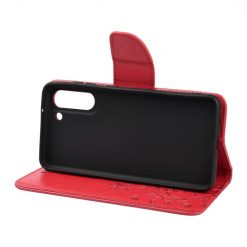 Peněženkové pouzdro Embossing Pattern Motýl a květ červené – Samsung Galaxy S21 FE | Levné Kryty | Levné Kryty | Levné Kryty