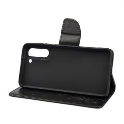 Peněženkové pouzdro Embossing Pattern Motýl a květ černé – Samsung Galaxy S21 FE | Levné Kryty | Levné Kryty | Levné Kryty