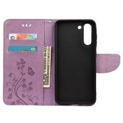Peněženkové pouzdro Embossing Pattern Motýl a květ fialové – Samsung Galaxy S21 FE | Levné Kryty | Levné Kryty | Levné Kryty