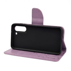 Peněženkové pouzdro Embossing Pattern Motýl a květ fialové – Samsung Galaxy S21 FE | Levné Kryty | Levné Kryty | Levné Kryty