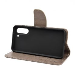 Peněženkové pouzdro Embossing Pattern Motýl a květ hnědé – Samsung Galaxy S21 FE | Levné Kryty | Levné Kryty | Levné Kryty