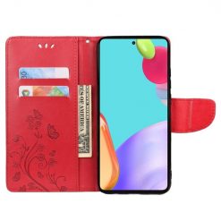 Peněženkové pouzdro Embossing Pattern Motyl a květ červené – Samsung Galaxy A53 5G | Levné Kryty | Levné Kryty | Levné Kryty