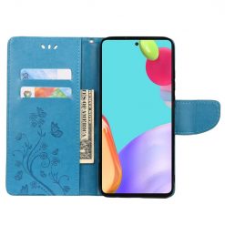 Peněženkové pouzdro Embossing Pattern Motyl a květ modré – Samsung Galaxy A53 5G | Levné Kryty | Levné Kryty | Levné Kryty