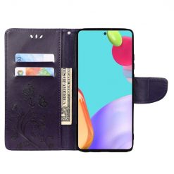 Peněženkové pouzdro Embossing Pattern Motyl a květ tmavěfialové – Samsung Galaxy A53 5G | Levné Kryty | Levné Kryty | Levné Kryty
