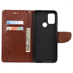 Peněženkové pouzdro Embossing Pattern Motyl a květ tmavěhnědé – Motorola Moto G30 / G10 | Levné Kryty | Levné Kryty | Levné Kryty