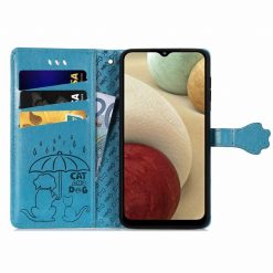 Peněženkové pouzdro Embossing Pattern Pes a Kočka modré – Samsung Galaxy A12 / M12 | Levné Kryty | Levné Kryty | Levné Kryty