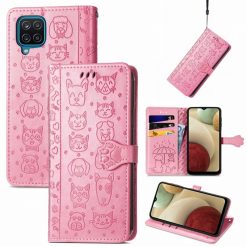 Peněženkové pouzdro Embossing Pattern Pes a Kočka růžové – Samsung Galaxy A12 / M12 | Levné Kryty | Levné Kryty | Levné Kryty