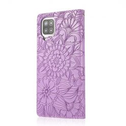 Peněženkové pouzdro Embossing Pattern Slunečnice fialové – Samsung Galaxy A12 / M12 | Levné Kryty | Levné Kryty | Levné Kryty