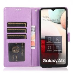 Peněženkové pouzdro Embossing Pattern Slunečnice fialové – Samsung Galaxy A12 / M12 | Levné Kryty | Levné Kryty | Levné Kryty