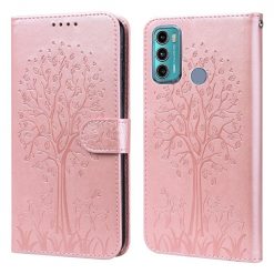 Peněženkové pouzdro Embossing Pattern Strom a jelen růžové – Motorola Moto G60 | Levné Kryty | Levné Kryty | Levné Kryty