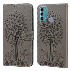 Peněženkové pouzdro Embossing Pattern Strom a jelen šedé – Motorola Moto G60 | Levné Kryty | Levné Kryty | Levné Kryty