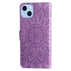Peněženkové pouzdro Embossing Pattern Slunečnice fialové – Apple iPhone 14 | Levné Kryty | Levné Kryty | Levné Kryty