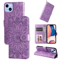 Peněženkové pouzdro Embossing Pattern Slunečnice fialové – Apple iPhone 14 | Levné Kryty | Levné Kryty | Levné Kryty