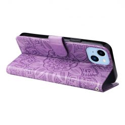 Peněženkové pouzdro Embossing Pattern Slunečnice fialové – Apple iPhone 14 | Levné Kryty | Levné Kryty | Levné Kryty