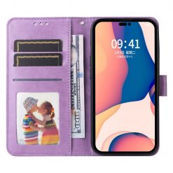 Peněženkové pouzdro Embossing Pattern Slunečnice fialové – Apple iPhone 14 Pro | Levné Kryty | Levné Kryty | Levné Kryty