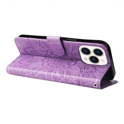 Peněženkové pouzdro Embossing Pattern Slunečnice fialové – Apple iPhone 14 Pro | Levné Kryty | Levné Kryty | Levné Kryty