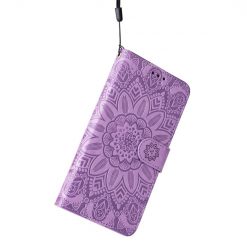 Peněženkové pouzdro Embossing Pattern Slunečnice fialové – Apple iPhone 14 Pro | Levné Kryty | Levné Kryty | Levné Kryty