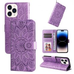 Peněženkové pouzdro Embossing Pattern Slunečnice fialové – Apple iPhone 14 Pro Max | Levné Kryty | Levné Kryty | Levné Kryty