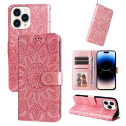 Peněženkové pouzdro Embossing Pattern Slunečnice růžové – Apple iPhone 14 Pro | Levné Kryty | Levné Kryty | Levné Kryty