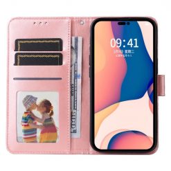 Peněženkové pouzdro Embossing Pattern Slunečnice růžové – Apple iPhone 14 Pro | Levné Kryty | Levné Kryty | Levné Kryty