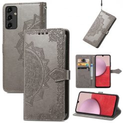 Peněženkové pouzdro Embossing Pattern Mandala Flower šedé – Samsung Galaxy A14 4G/5G | Levné Kryty | Levné Kryty | Levné Kryty