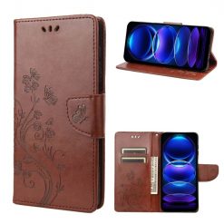 Peněženkové pouzdro Embossing Pattern Motyl a květ hnědé – Xiaomi Redmi Note 12 Pro | Levné Kryty | Levné Kryty | Levné Kryty