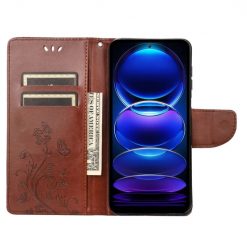 Peněženkové pouzdro Embossing Pattern Motyl a květ hnědé – Xiaomi Redmi Note 12 Pro | Levné Kryty | Levné Kryty | Levné Kryty