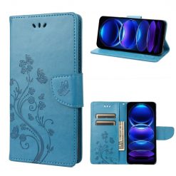 Peněženkové pouzdro Embossing Pattern Motyl a květ modré – Xiaomi Redmi Note 12 5G | Levné Kryty | Levné Kryty | Levné Kryty