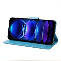 Peněženkové pouzdro Embossing Pattern Motyl a květ modré – Xiaomi Redmi Note 12 5G | Levné Kryty | Levné Kryty | Levné Kryty