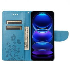 Peněženkové pouzdro Embossing Pattern Motyl a květ modré – Xiaomi Redmi Note 12 Pro | Levné Kryty | Levné Kryty | Levné Kryty