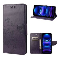 Peněženkové pouzdro Embossing Pattern Motyl a květ tmavěfialové – Xiaomi Redmi Note 12 5G | Levné Kryty | Levné Kryty | Levné Kryty