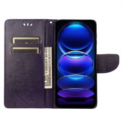 Peněženkové pouzdro Embossing Pattern Motyl a květ tmavěfialové – Xiaomi Redmi Note 12 5G | Levné Kryty | Levné Kryty | Levné Kryty