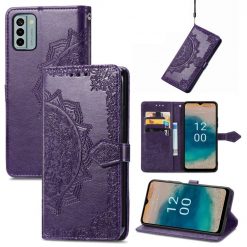 Peněženkové pouzdro Embossing Pattern Mandala Flower fialové – Nokia G22 | Levné Kryty | Levné Kryty | Levné Kryty