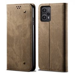 Peněženkové pouzdro Denim Texture světlohnědé – Xiaomi Poco F5 | Levné Kryty | Levné Kryty | Levné Kryty