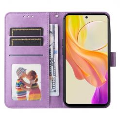 Peněženkové pouzdro Embossing Pattern Slunečnice fialové – Vivo Y36 | Levné Kryty | Levné Kryty | Levné Kryty