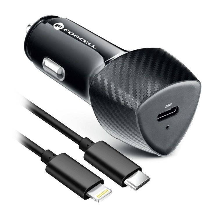 Nabíječka do auta Forcell Carbon car charger USB-C 3.0 PD20W CC50-1C černá + kabel pro iPhone Lightning 8-pin PD20W